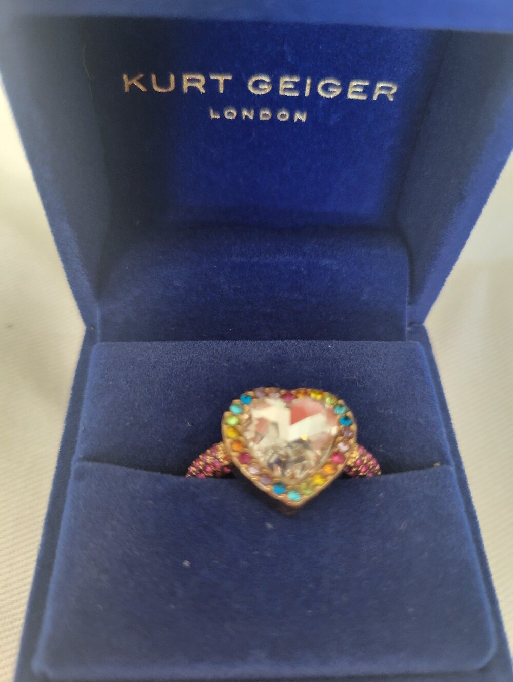 Kurt Geiger Pink Multicolor Heart Ring with Clear Center Crystal
